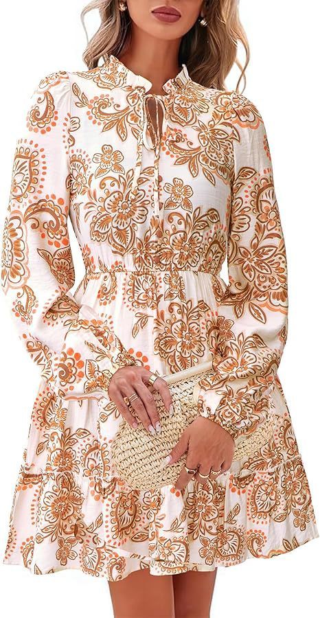 Elegant V-neck Flower Lace-up Long Sleeve Dress