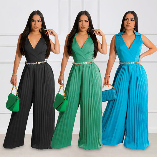 Cinched Pleated Loose Wide Leg Jumpsuit