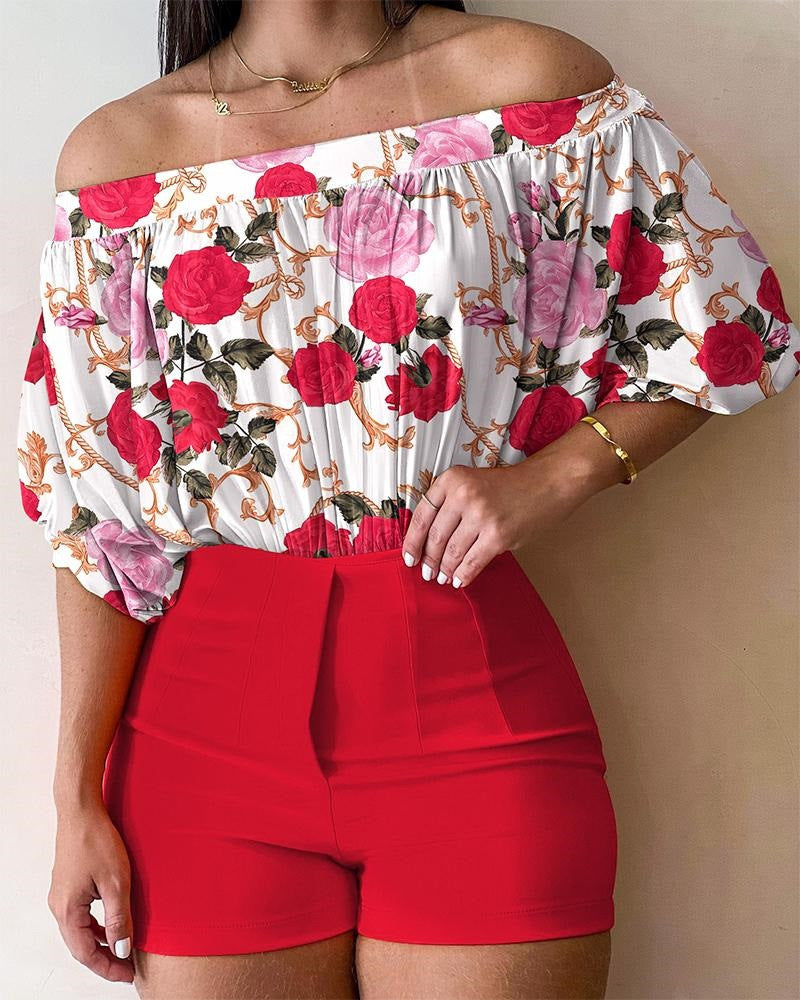 Women's Fashionable Elegant Floral Printed Top And Shorts Suit