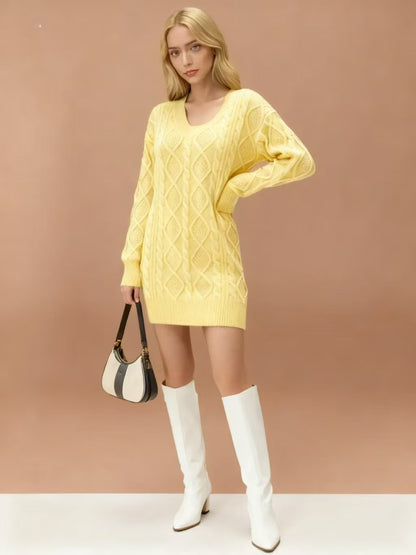 Mid-length Sweater V-neck Knitted Casual Twist Dress
