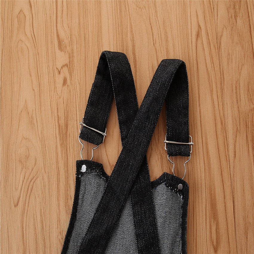 Girls' Short-sleeved Suit Puff Sleeve Black T-shirt Denim Suspender Skirt Fashionable