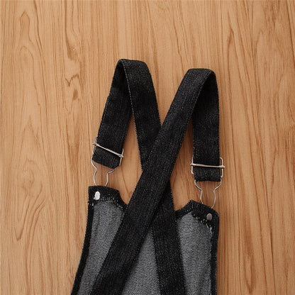 Girls' Short-sleeved Suit Puff Sleeve Black T-shirt Denim Suspender Skirt Fashionable