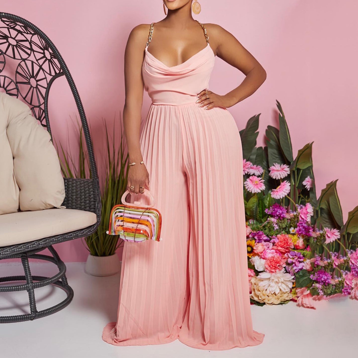 Women's Chain On Neck High Waist Pleated Wide-leg Jumpsuit