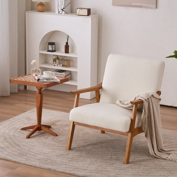 Armrests In Solid Wood, Upholstered, Teddy Velvet, Off-white, Interior Lounge Chair