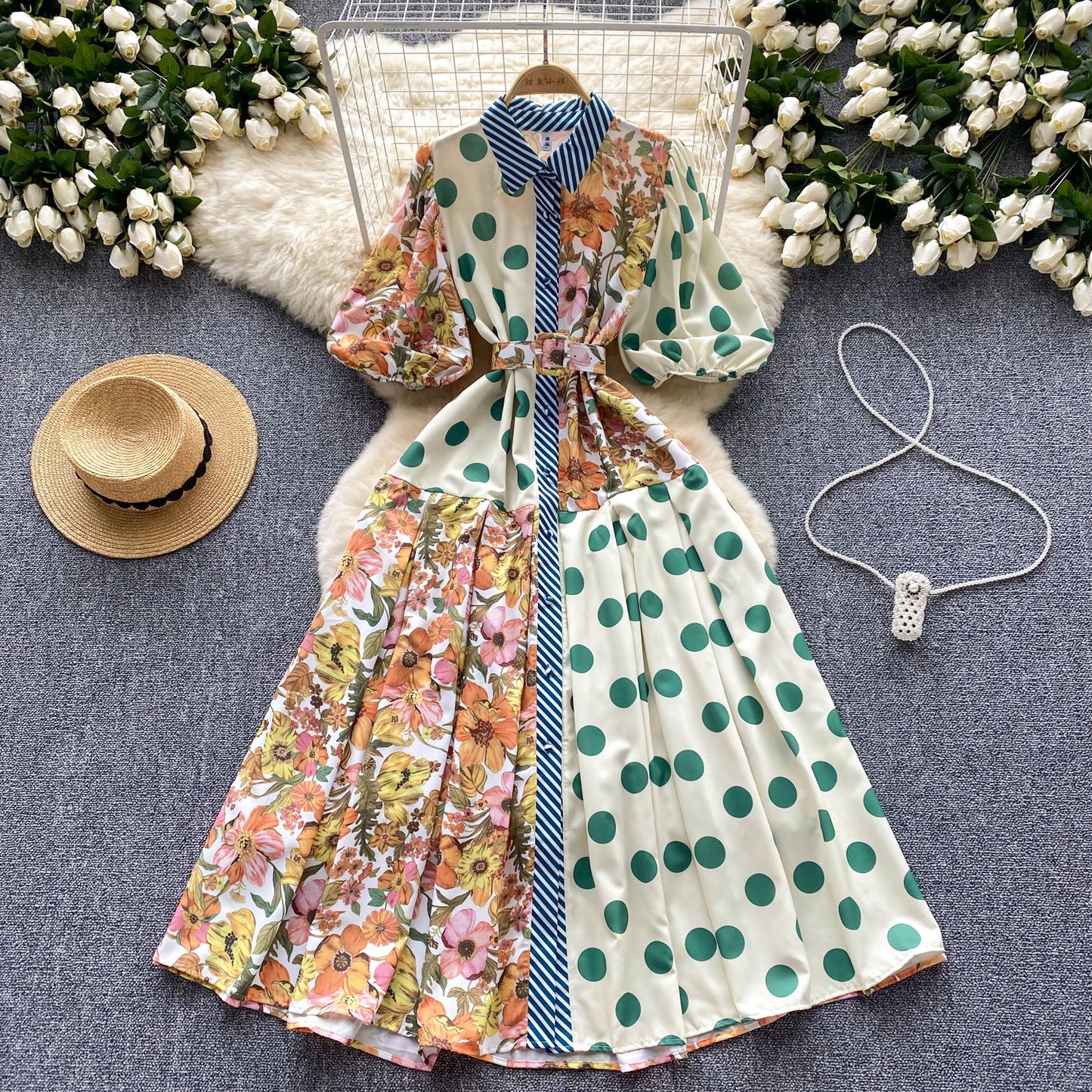 Women's Vintage Court Printed Lantern Sleeve Dress