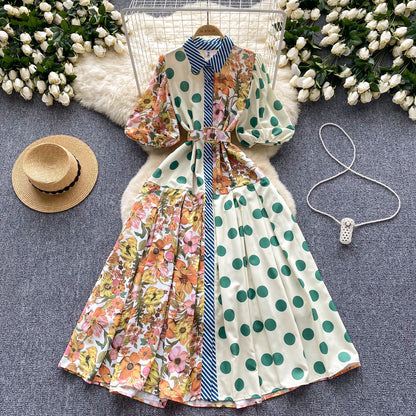 Women's Vintage Court Printed Lantern Sleeve Dress