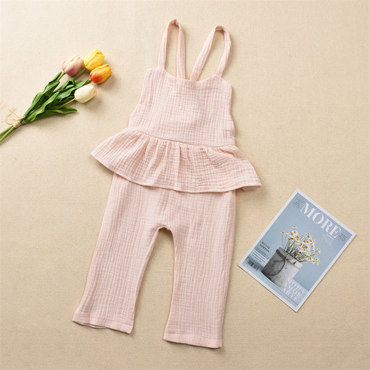 Girls Fashion Solid Color Cotton Lace-up Jumpsuit