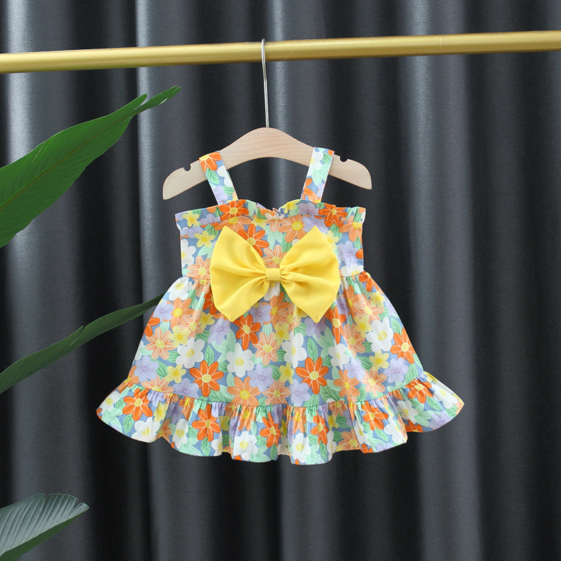 Girls' Printed Big Bow Suspender Dress