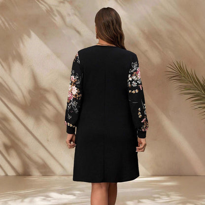 Large Size Round Neck Long Sleeve Printed Casual Women's Short Skirt