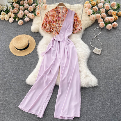 Fake Two Pieces Of Western Style V-neck High Waist Slimming Drape Wide-leg Jumpsuit Women