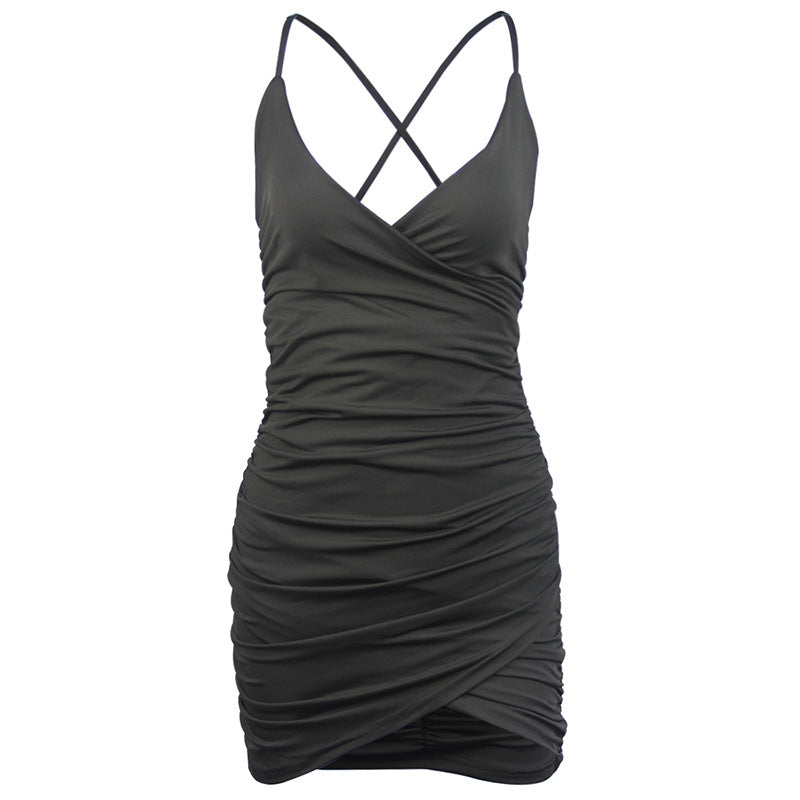 Women's Sling V-Neck Backless Pleated Dress