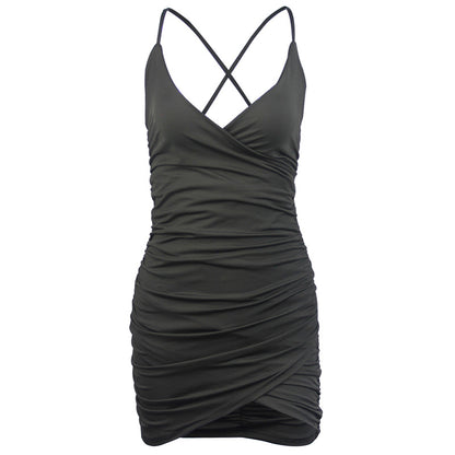 Women's Sling V-Neck Backless Pleated Dress