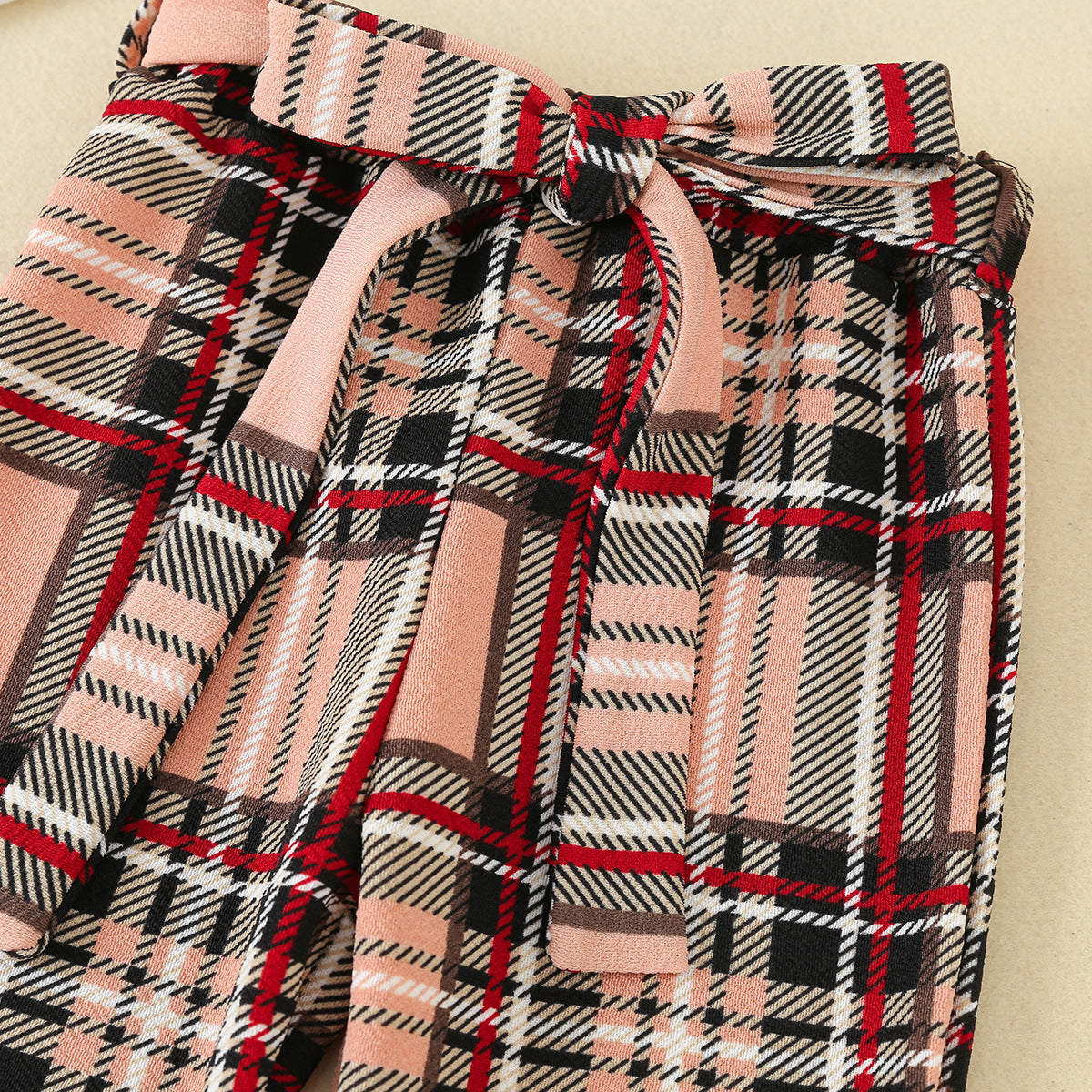 Girls Off Shoulder Top Plaid Trousers Suit