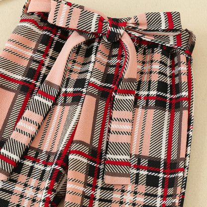 Girls Off Shoulder Top Plaid Trousers Suit