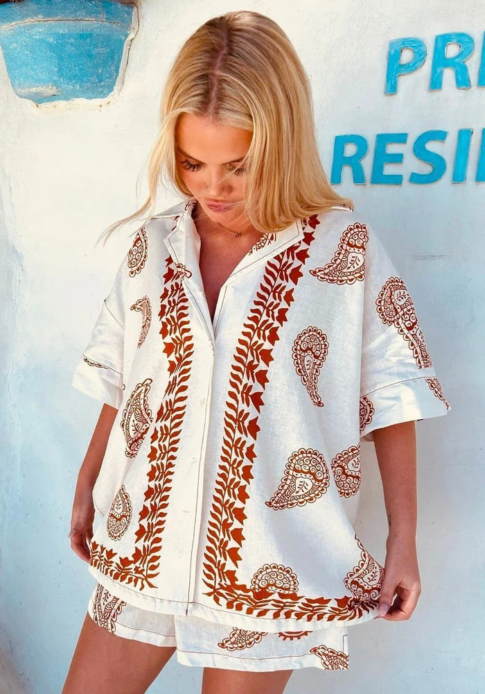 Printed Loose Short Sleeve Shirt Top Casual Shorts Suit