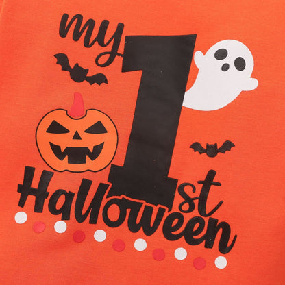 Autumn Baby Boy Orange Round Neck Long Sleeve Letter Romper Printed Black Trousers Hat Infant Children's Suit