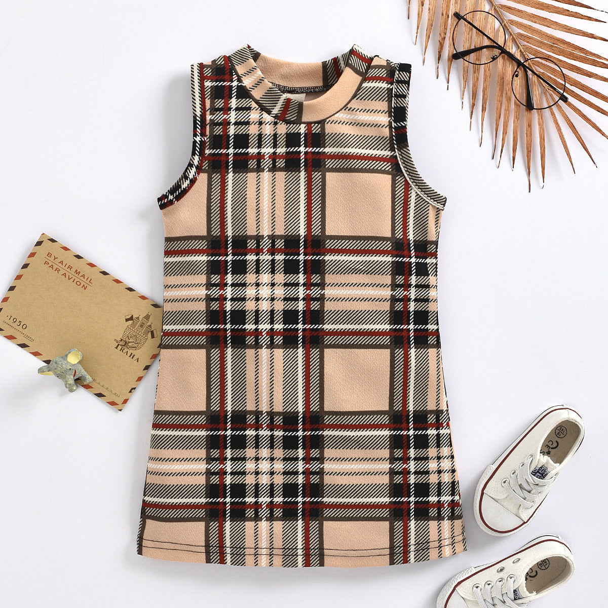 Girls Fashion Sleeveless Plaid Round Neck Dress
