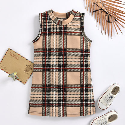 Girls Fashion Sleeveless Plaid Round Neck Dress