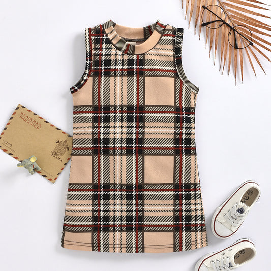 Girls Fashion Sleeveless Plaid Round Neck Dress