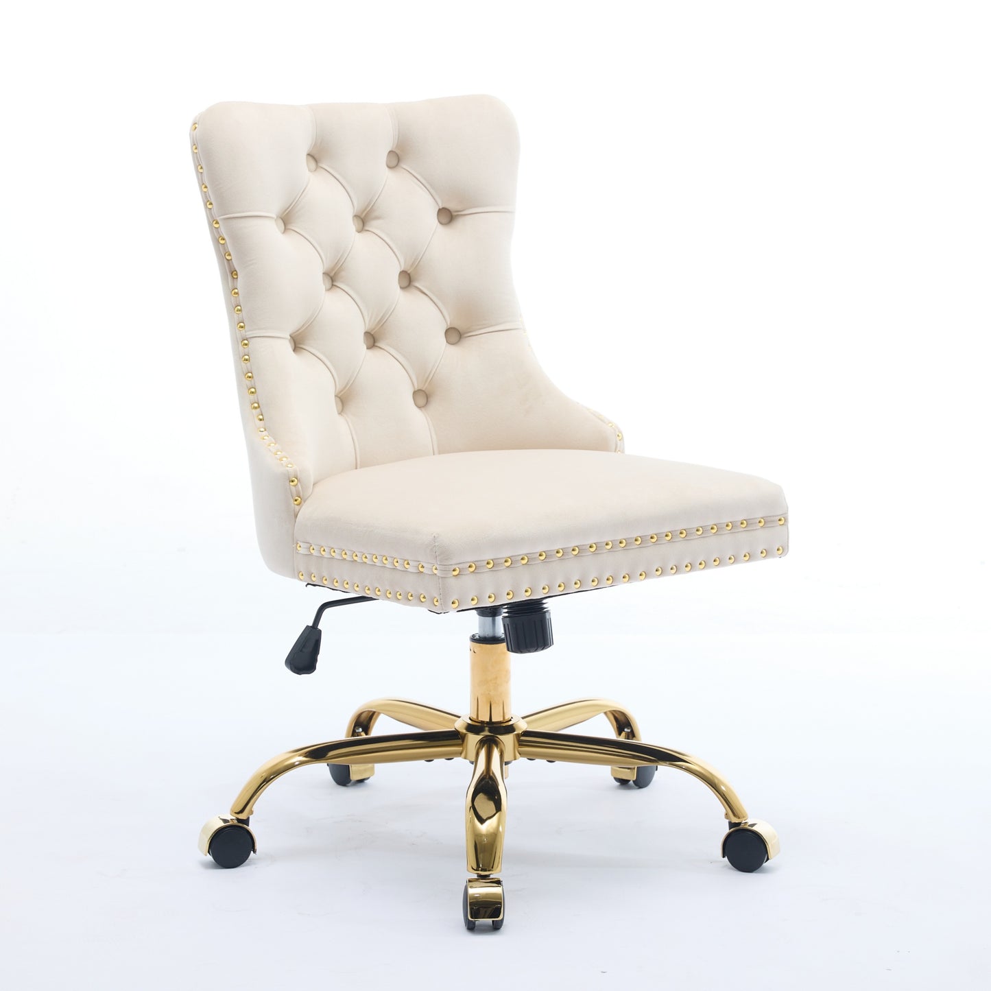 A&A Furniture Office Chair,Modern Velvet Upholstered Tufted Button Home Office Chair With Golden Metal Base,Adjustable Desk Chair Swivel Office Chair Beige