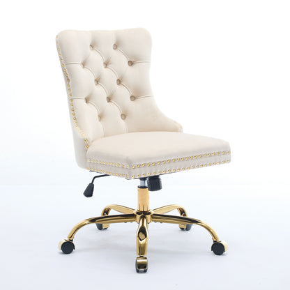A&A Furniture Office Chair,Modern Velvet Upholstered Tufted Button Home Office Chair With Golden Metal Base,Adjustable Desk Chair Swivel Office Chair Beige