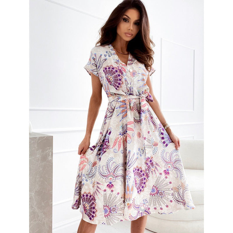 Summer V-neck Printed Short Sleeve Dress