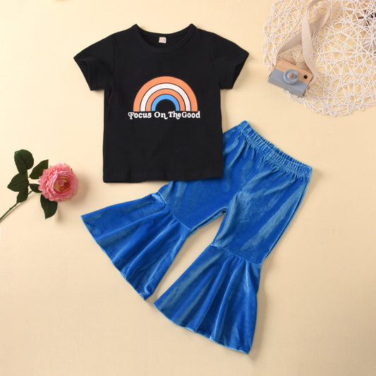 Letter Print T Korean Velvet Flared Pants Suit