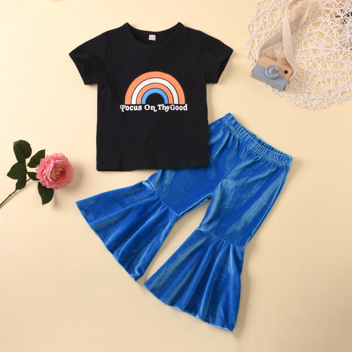 Letter Print T Korean Velvet Flared Pants Suit