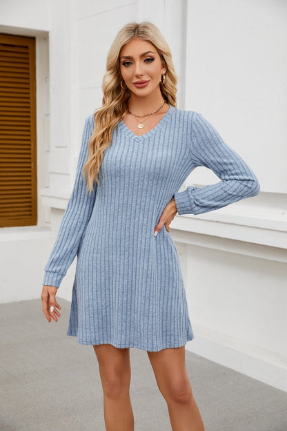 V-neck Pocket Sunken Stripe Brushed Long Sleeve Leisure Dress