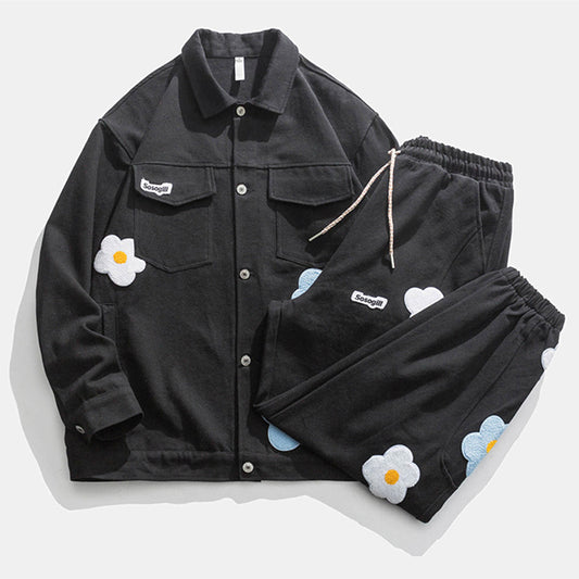 Flower Embroidered Pocket Work Jacket Retro Loose Lapel Jacket Men's