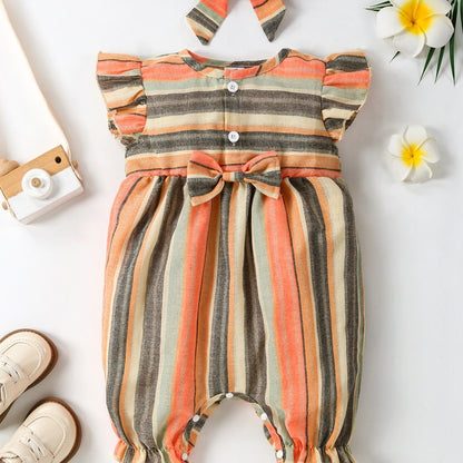 Flounced Sleeve Bow One-piece Romper Crawling Suit Same Style Fashion Hair Band