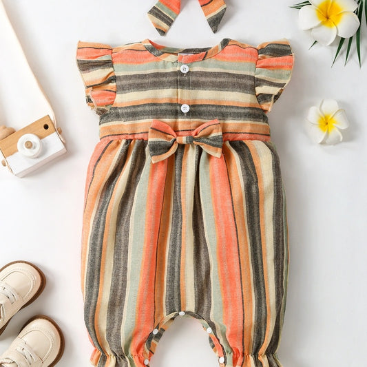 Flounced Sleeve Bow One-piece Romper Crawling Suit Same Style Fashion Hair Band