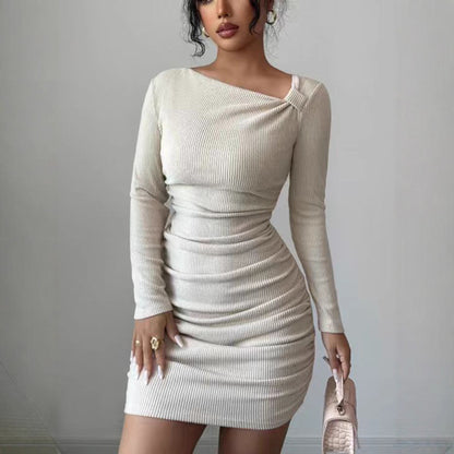 One-shoulder Slim-fit Long-sleeved Knitted Dress With A Body-hugging Silhouette