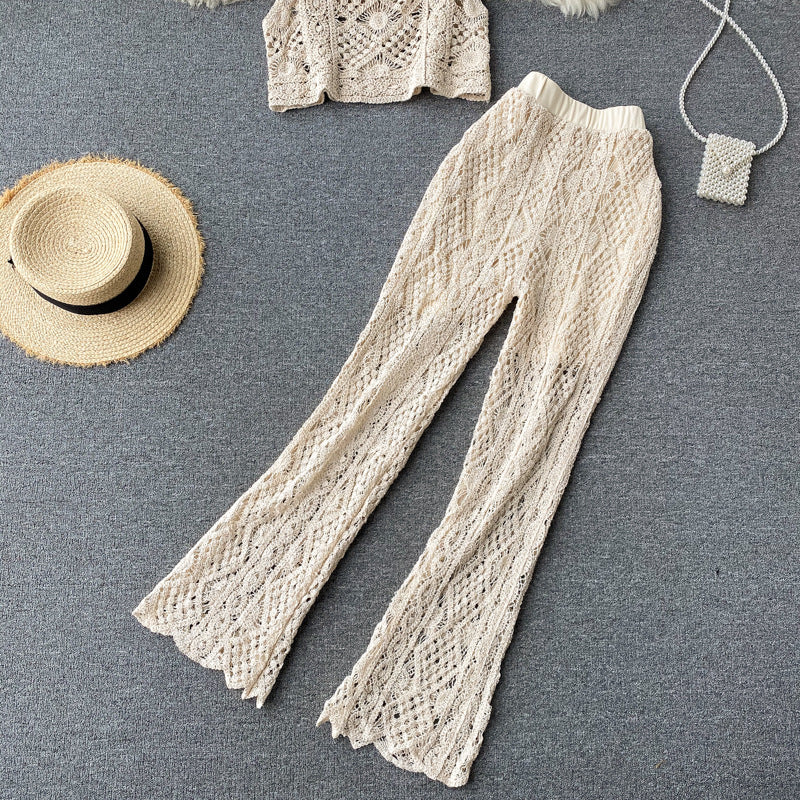 Square Collar Vest Short Top High Waist Sheath Hollow Design Sense Bell-bottom Pants Two-piece Set