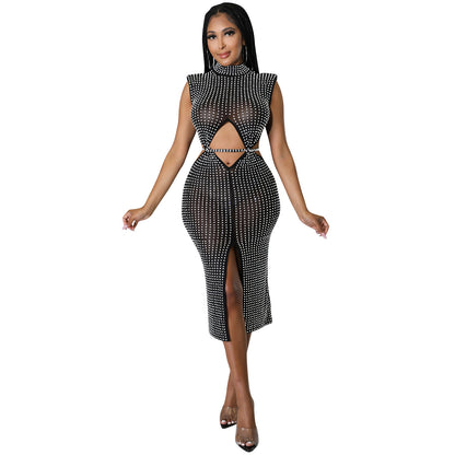 Fashion Mesh See-through Hot Rhinestone Hollow Split Dress Women's Clothing