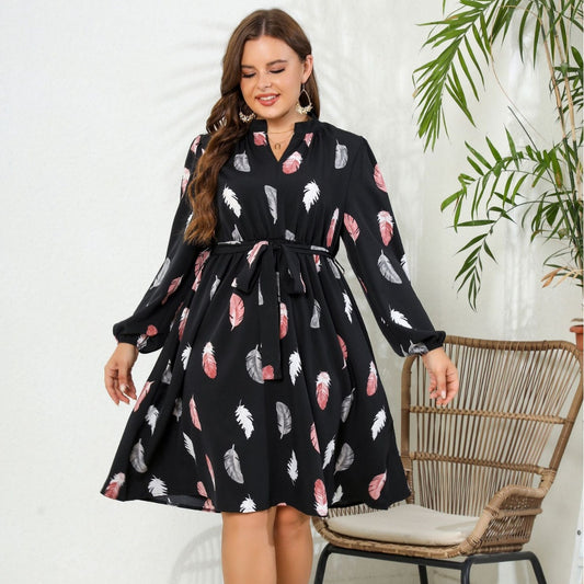 Printed Long Sleeve Waist-tight European And American Plus Size Dress