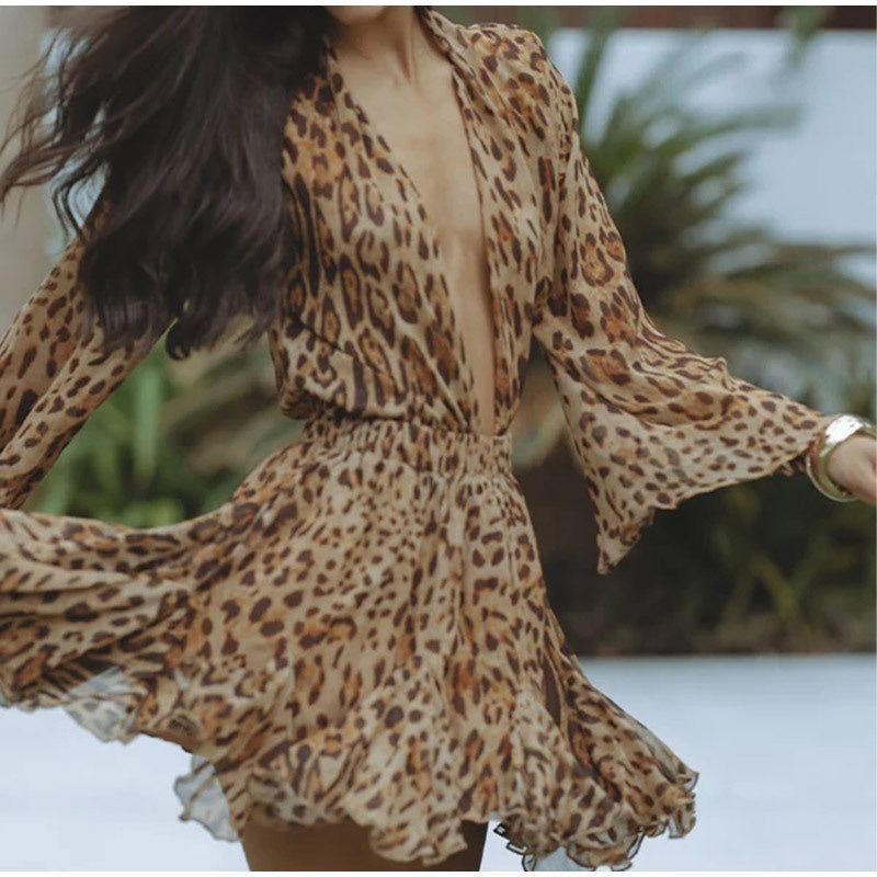 Europe And America Cross Border Fashion Solid Color And V-neck Ruffled Jumpsuit Skirt