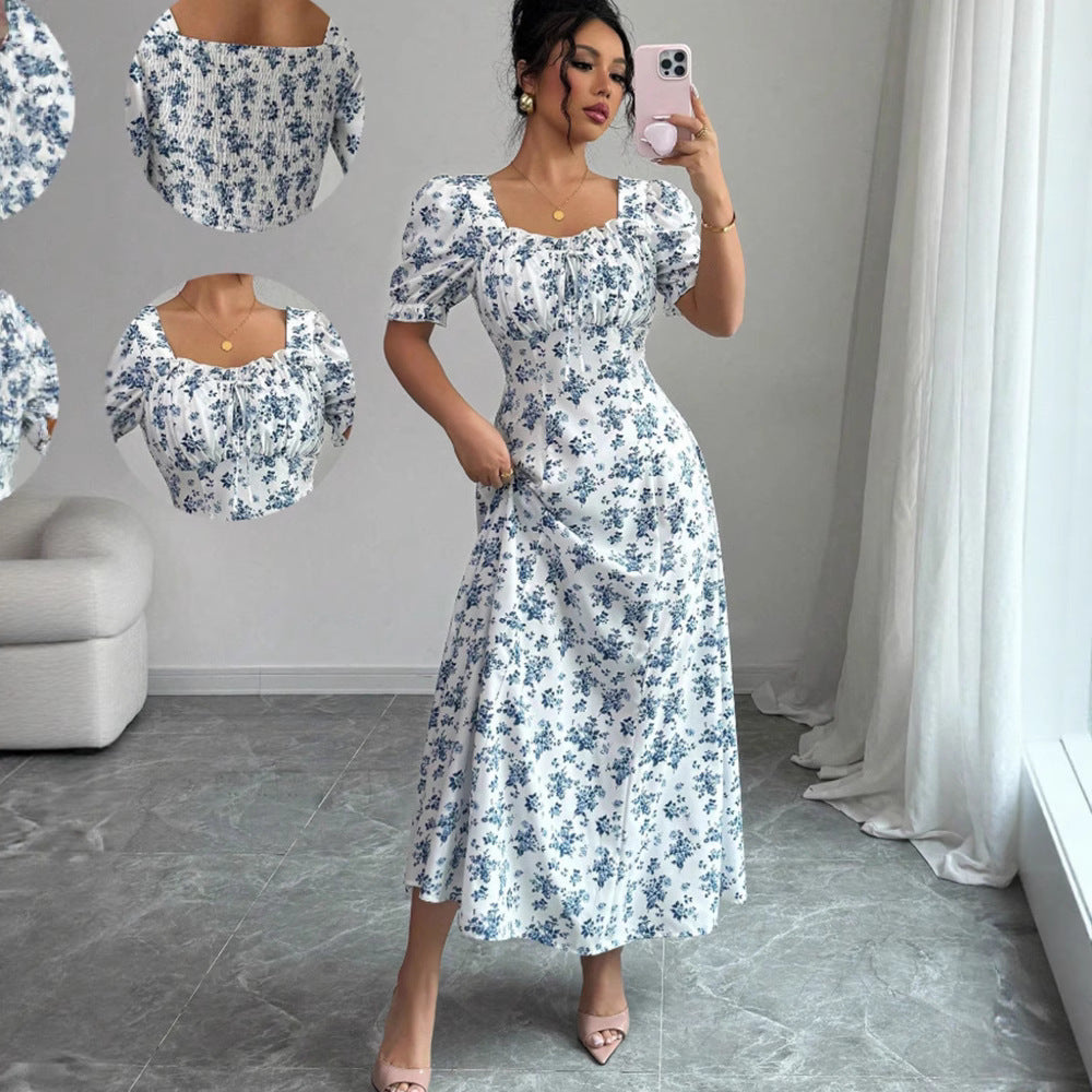 Women's Fashion Elegant U-neck Short-sleeved Printed Large Swing Dress
