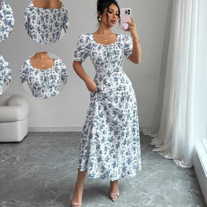 Women's Fashion Elegant U-neck Short-sleeved Printed Large Swing Dress