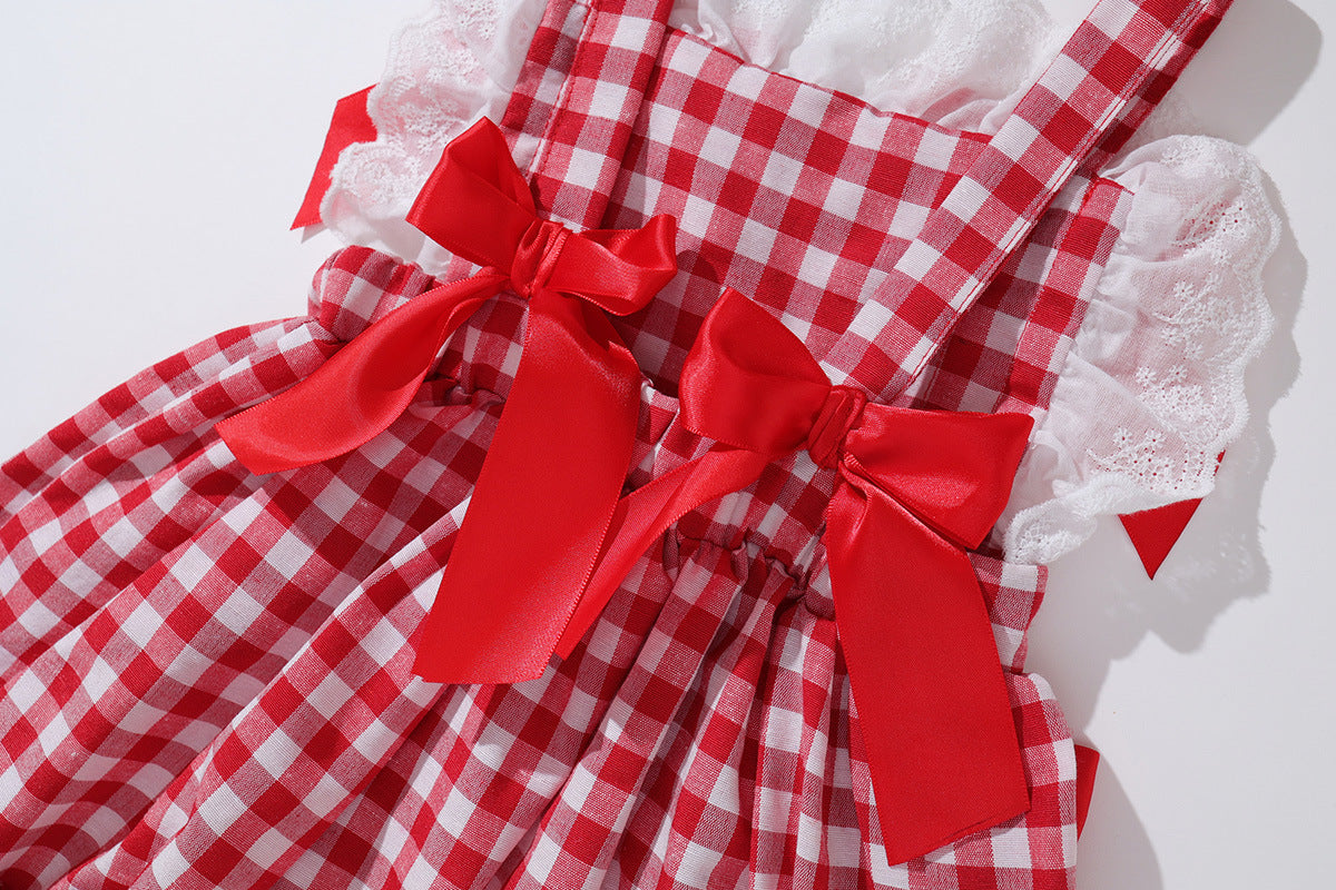 Girls' Red Plaid Bow Suspenders Princess Dress