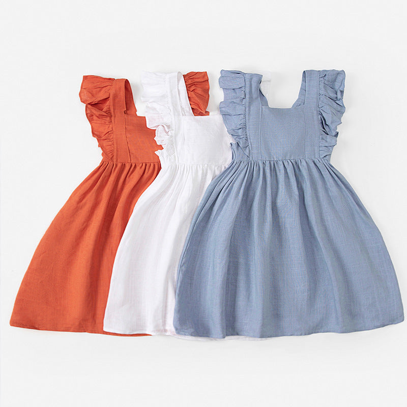 Girls' Cotton And Linen Bowknot Wooden Ear Embroidery Dress