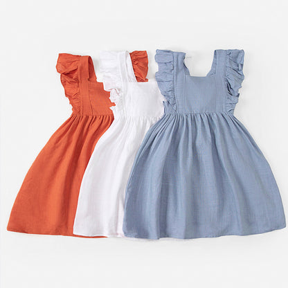 Girls' Cotton And Linen Bowknot Wooden Ear Embroidery Dress