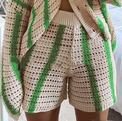 Autumn Casual Striped Openwork Knitted Cardigan Women's Jacket