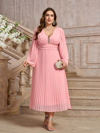 Plus Size Dress Women's V-neck Long Sleeve