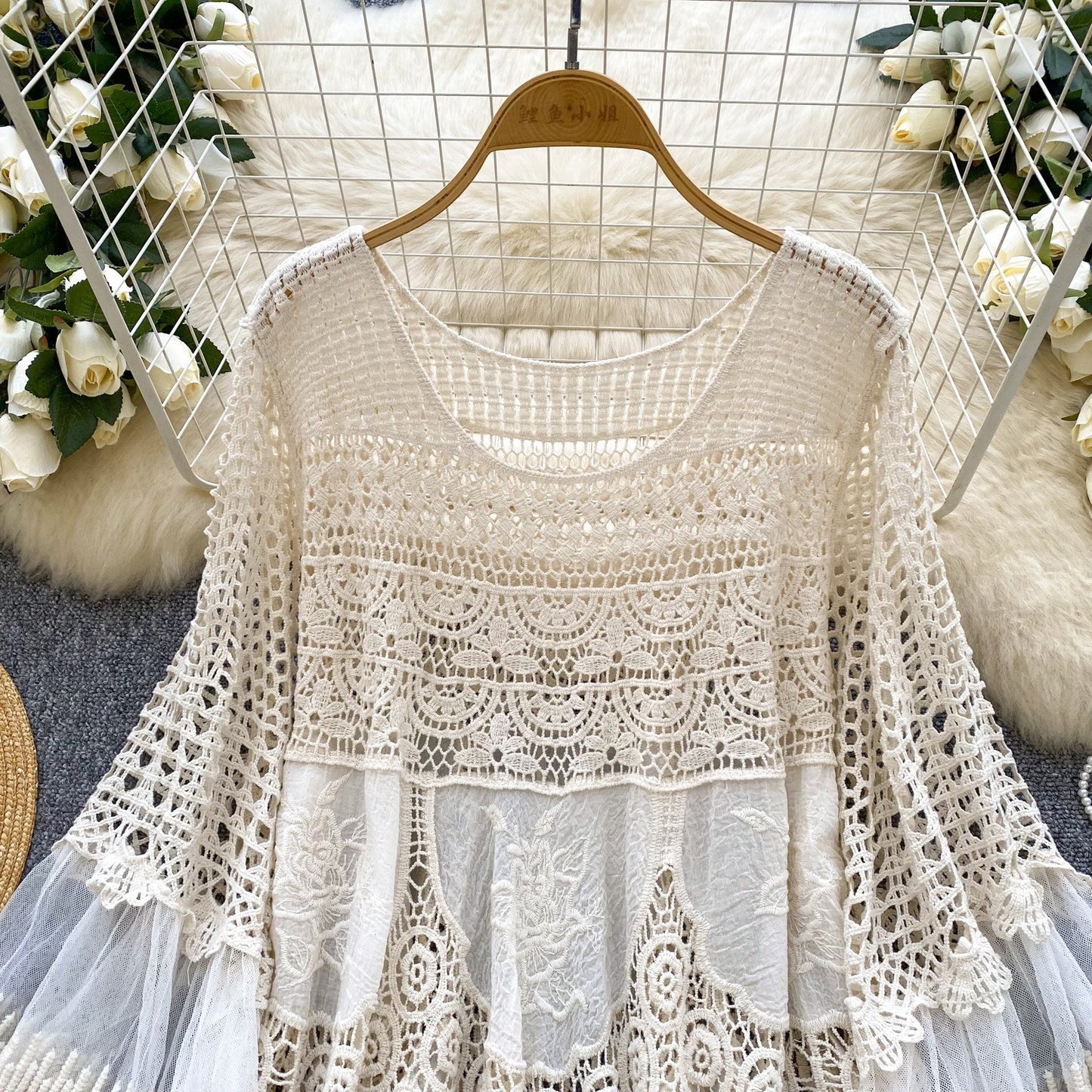 Retro Knitted Loose Hollow-out Crocheted Design Stitching Temperament Short Midi Skirt