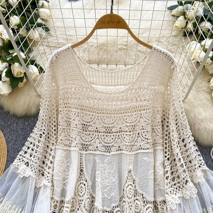 Retro Knitted Loose Hollow-out Crocheted Design Stitching Temperament Short Midi Skirt