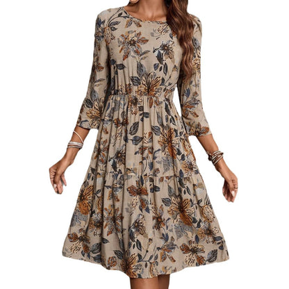 Fashion Round Neck Women's Cotton Linen Printed Dress