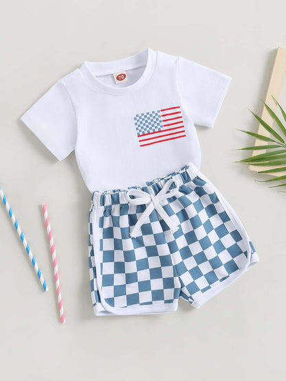 Baby Boy Shorts Short Sleeve Printed Chessboard Plaid Two-piece Set