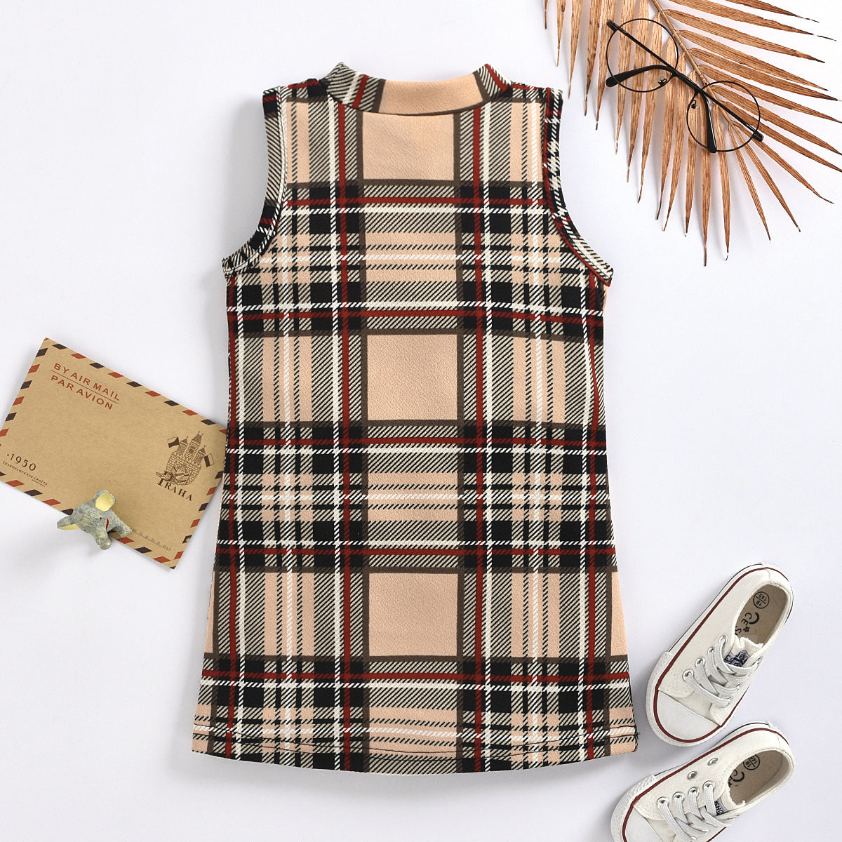 Girls Fashion Sleeveless Plaid Round Neck Dress