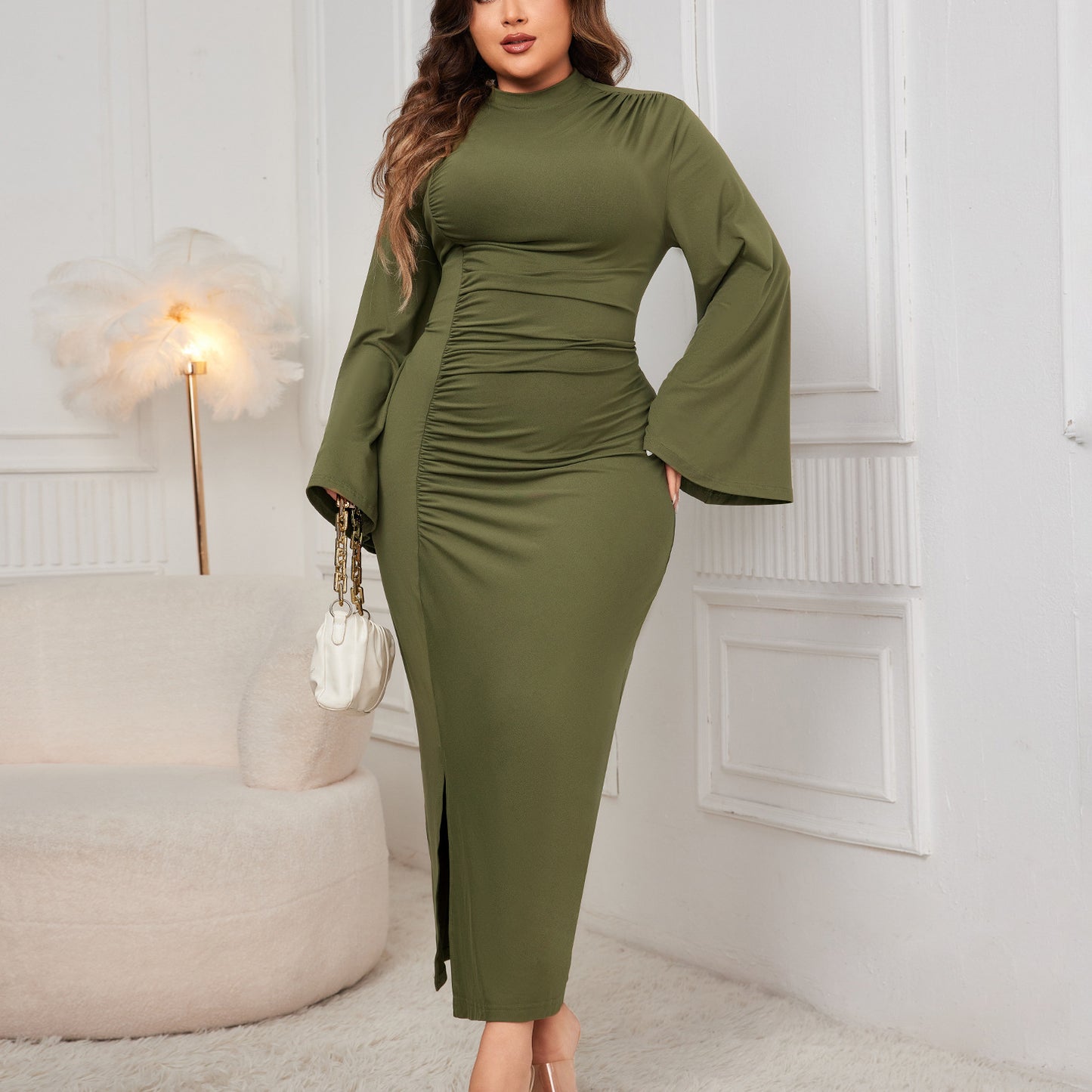 Spring And Autumn Solid Color Turtleneck Dress